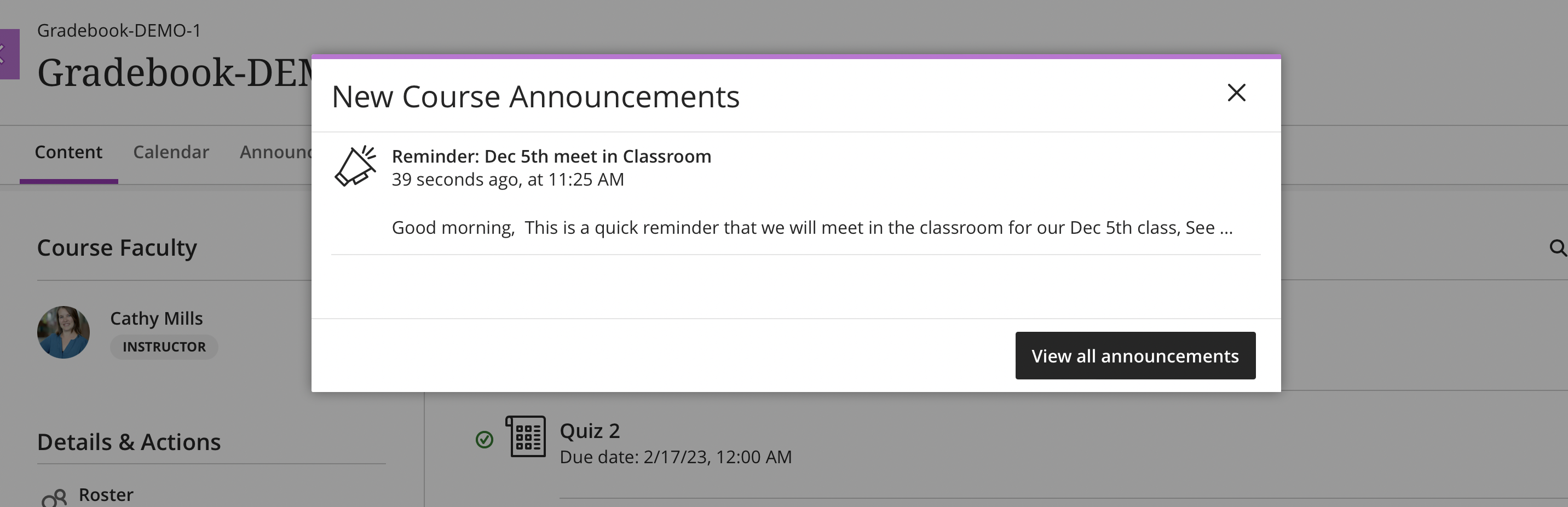 Announcement pop up