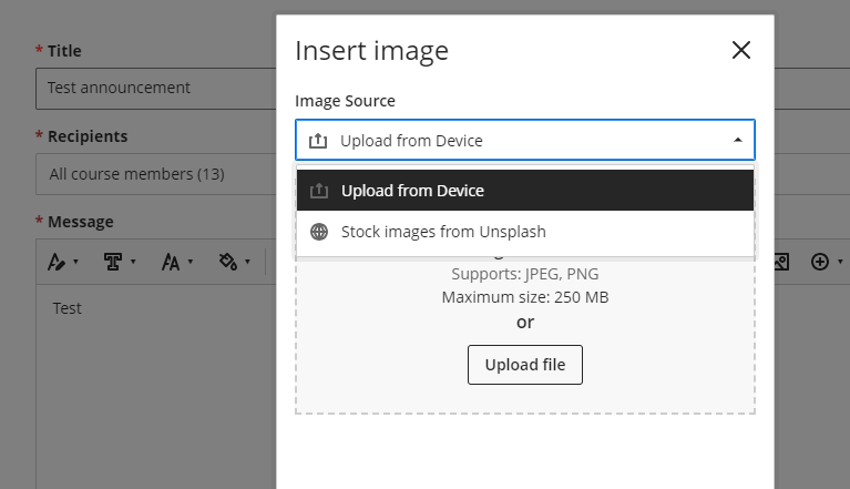 screenshot of the insert image window with option to upload image from device or insert image from Unsplash