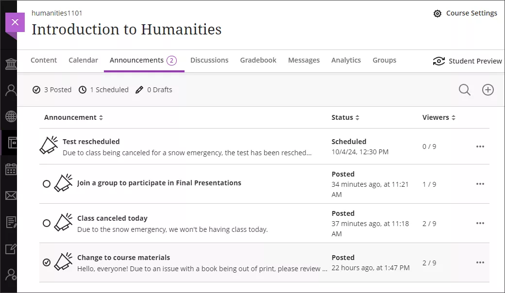 screenshot of announcements dashboard