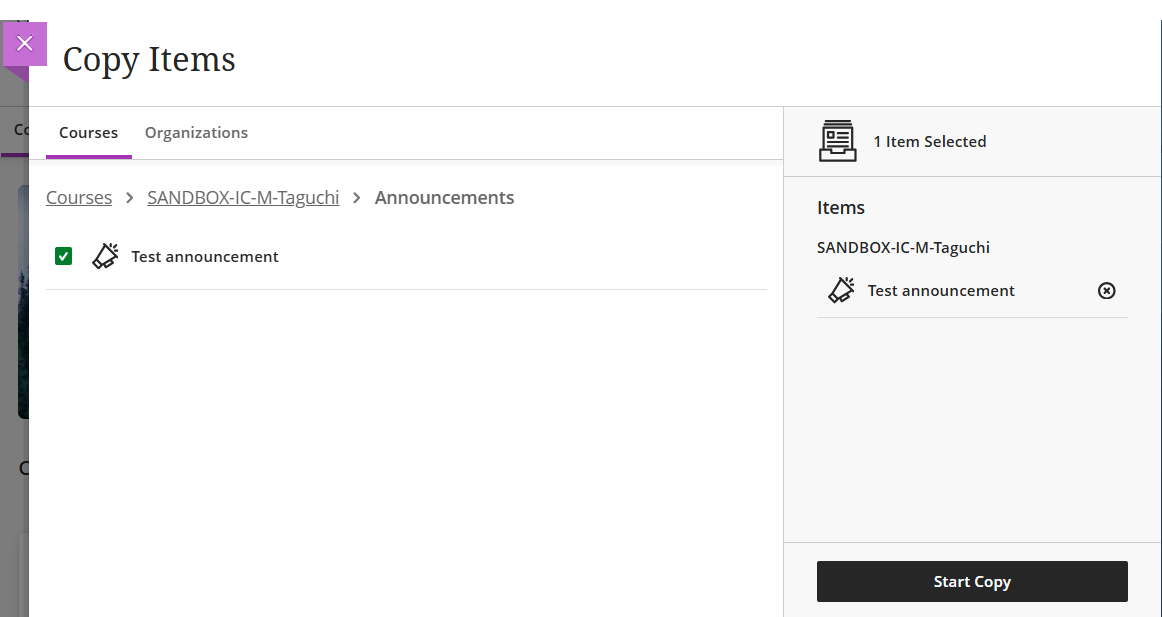 The copy items panel - you can copy announcements from the announcements folder