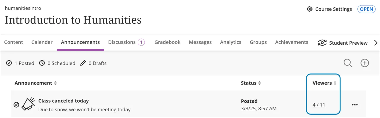 screenshot of announcements page with viewer column highlighted