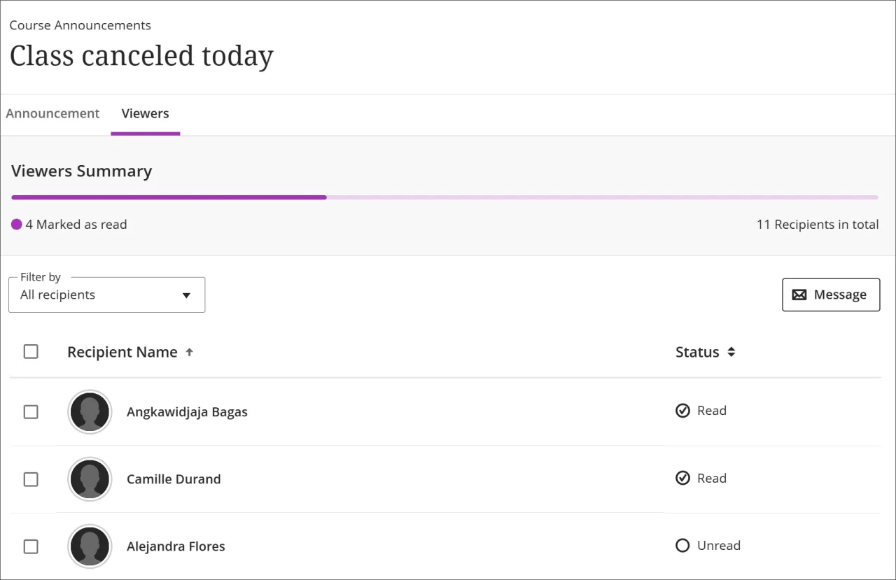 screenshot showing list of students and their read or unread status