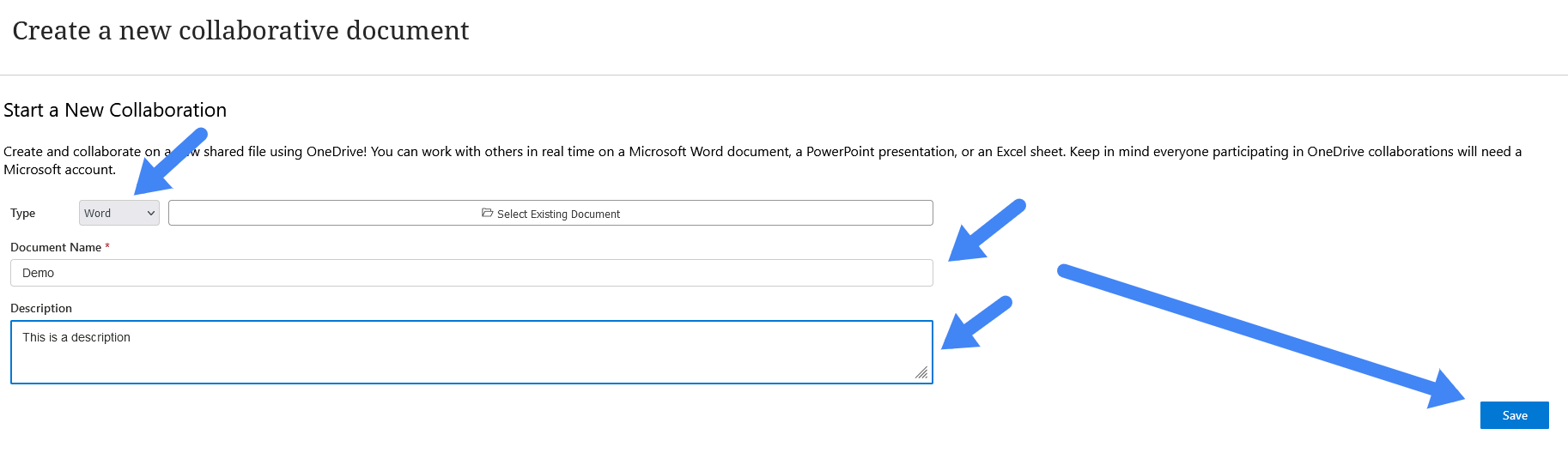 screenshot of the Create a new collaborative document screen with options to select a document, add a name, and description