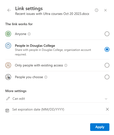 screen shot of the sharing options for the file