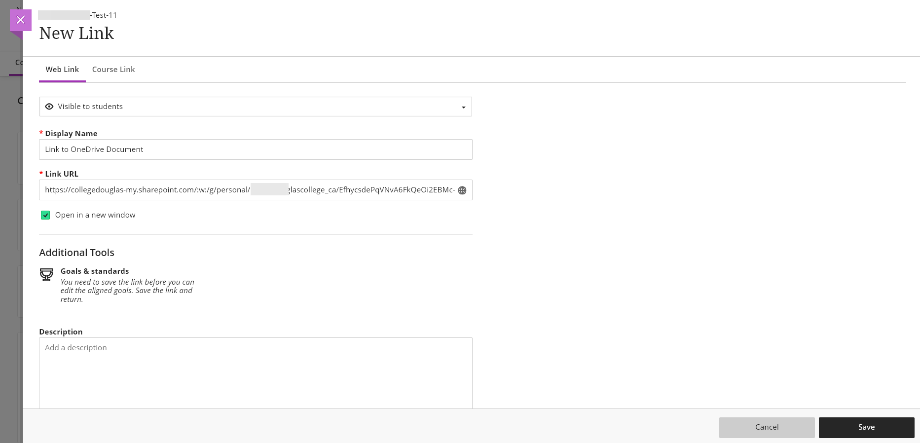 screen shot showing new link options