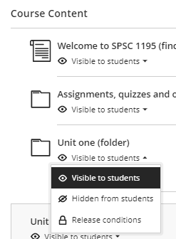 screenshot of the drop down visibility settings for a folder in course content. Release conditions is the third option.