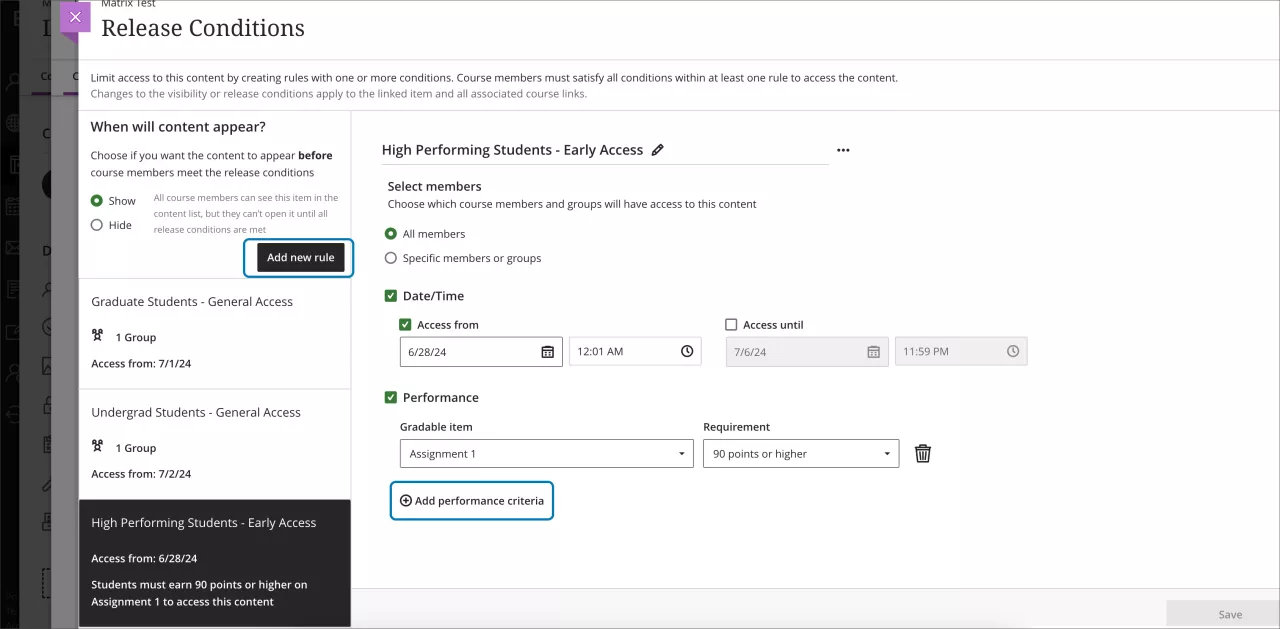 screenshot of the release conditions panel