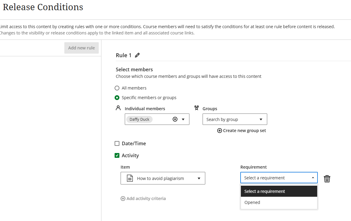 screenshot of release conditions settings 