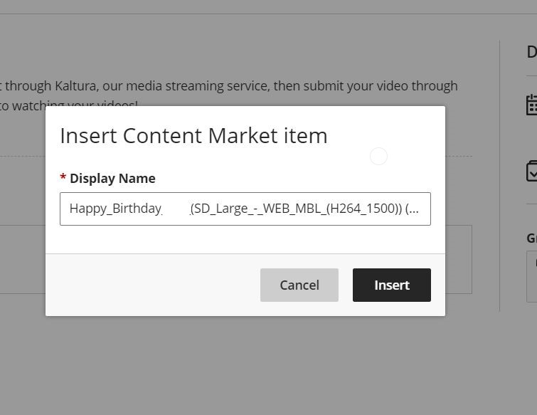 Insert Content Market item pop-up