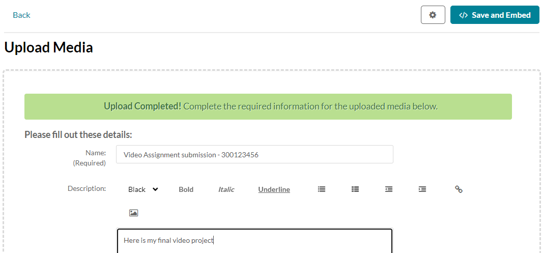 Screenshot of Complete Details field