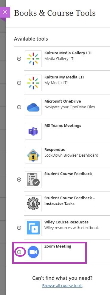 Books and Course Tools panel