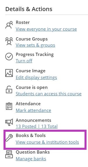 The Details and Actions menu highlighting books and tools