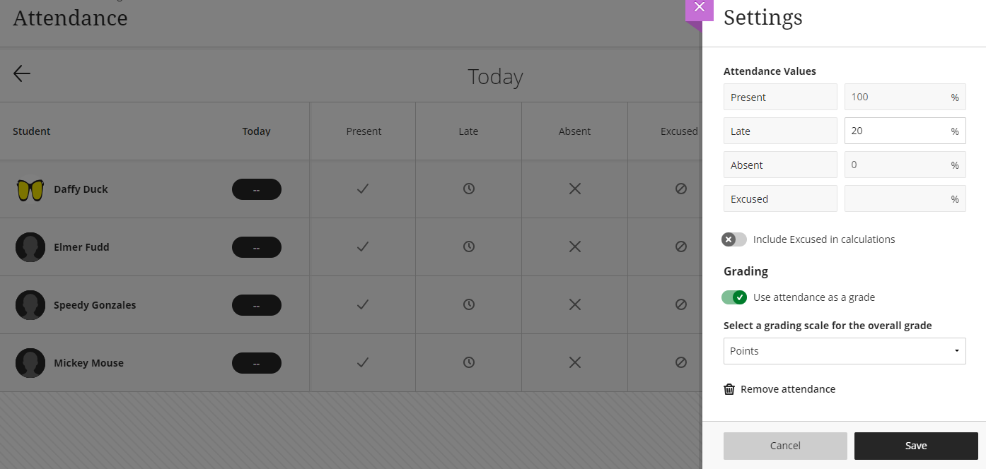 screenshot of attendance settings