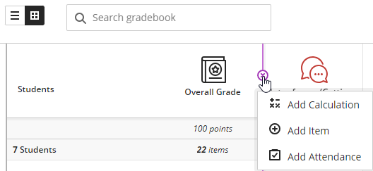 screenshot of adding a calculation, item, or attendance in Gradable items via the plus sign 
