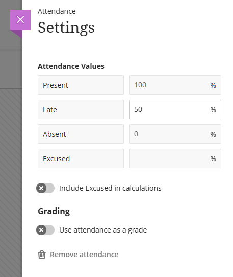 attendance settings with the option to toggle on and off the option 'use attendance as a grade'
