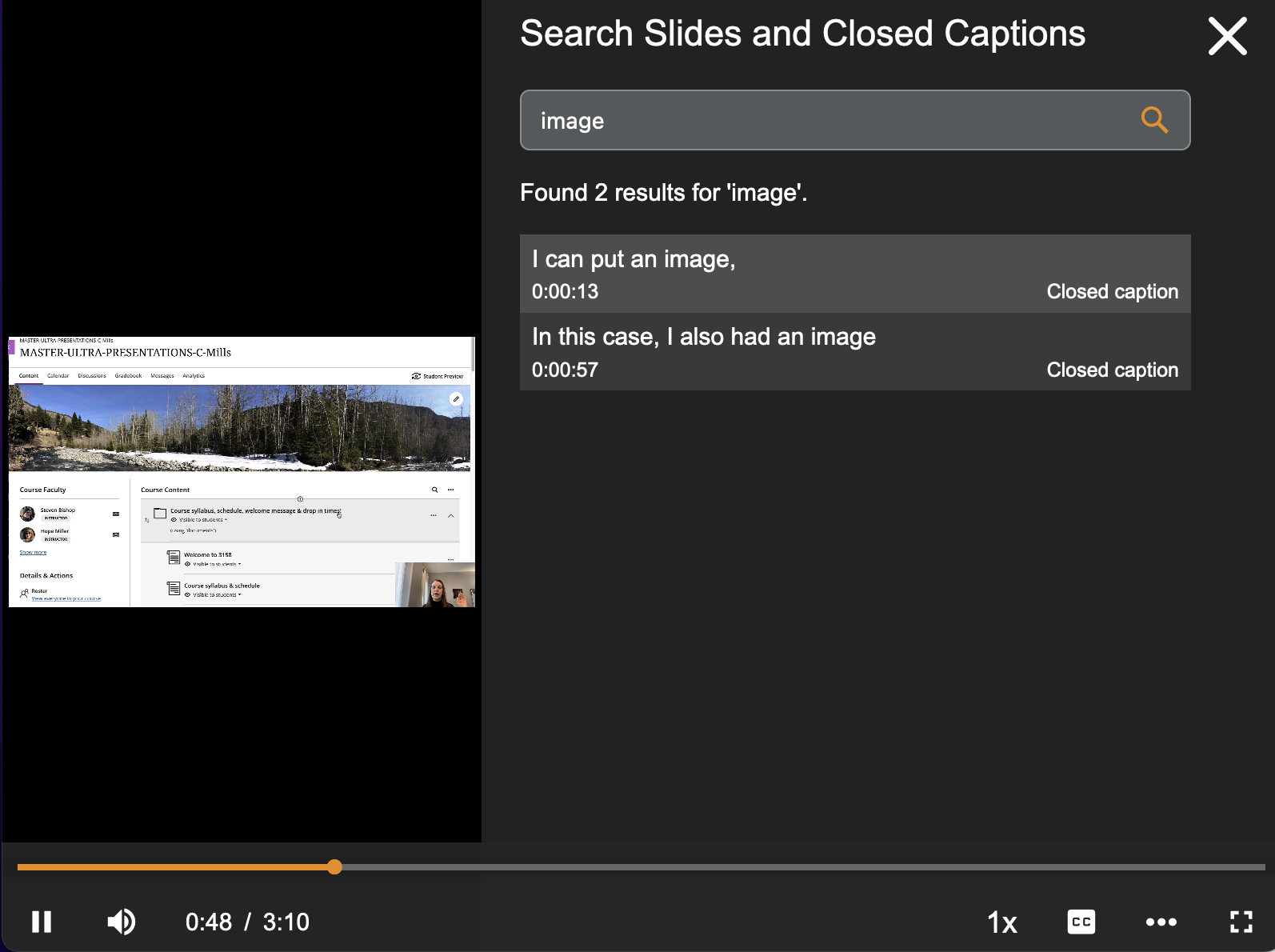 screenshot of a video with searchable closed captions on the right
