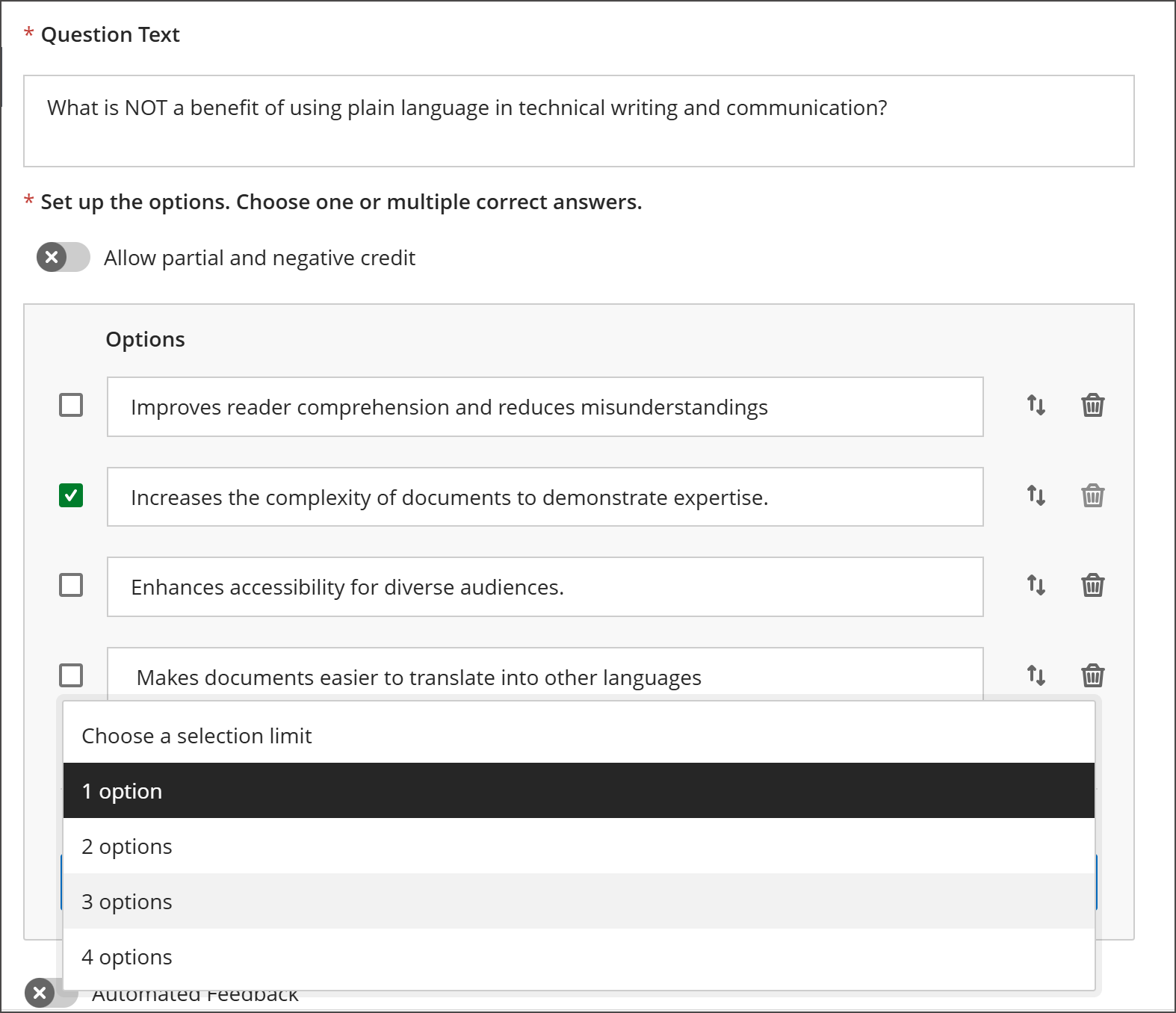 multiple choice question creation and selection limit drop down menu