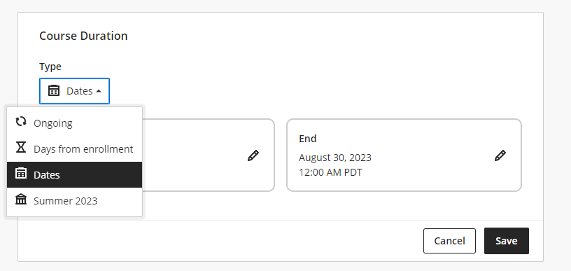 screenshot of where to change start and end dates in course settings