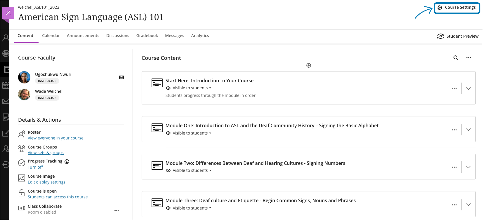 screenshot of where to find course settings
