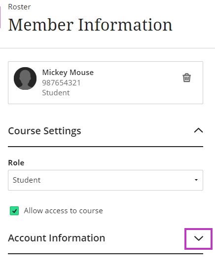screenshot showing the down arrow next to Account Information