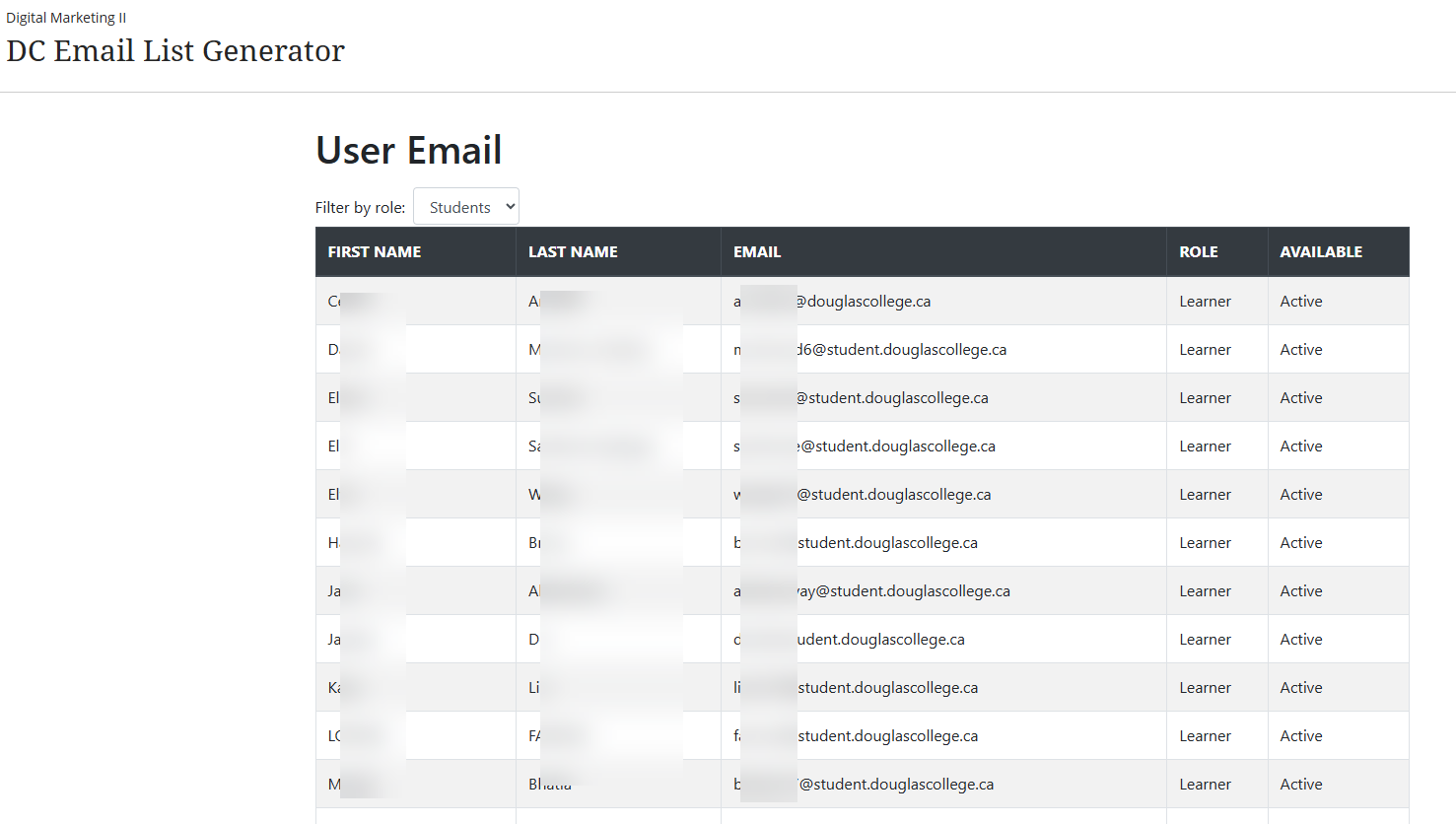 list of student names generated including email. their role, and status