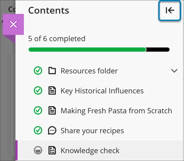 screenshot of table of contents