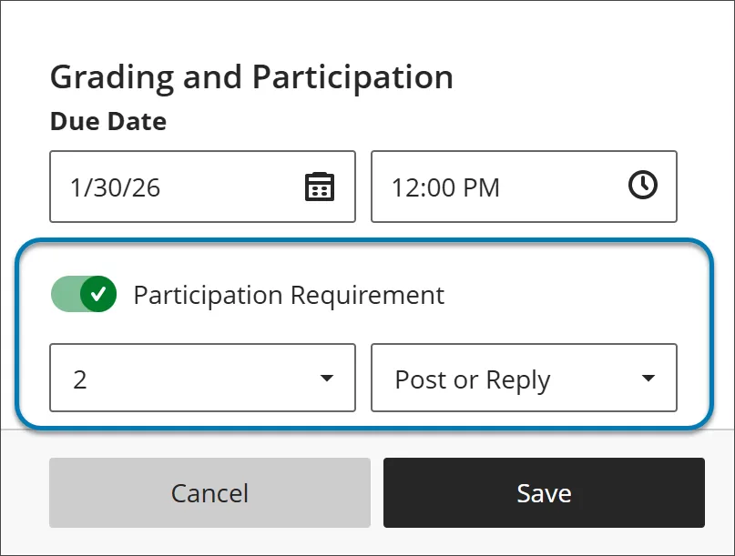 grading and participation settings in discussions now have a on toggle for participaion requirement