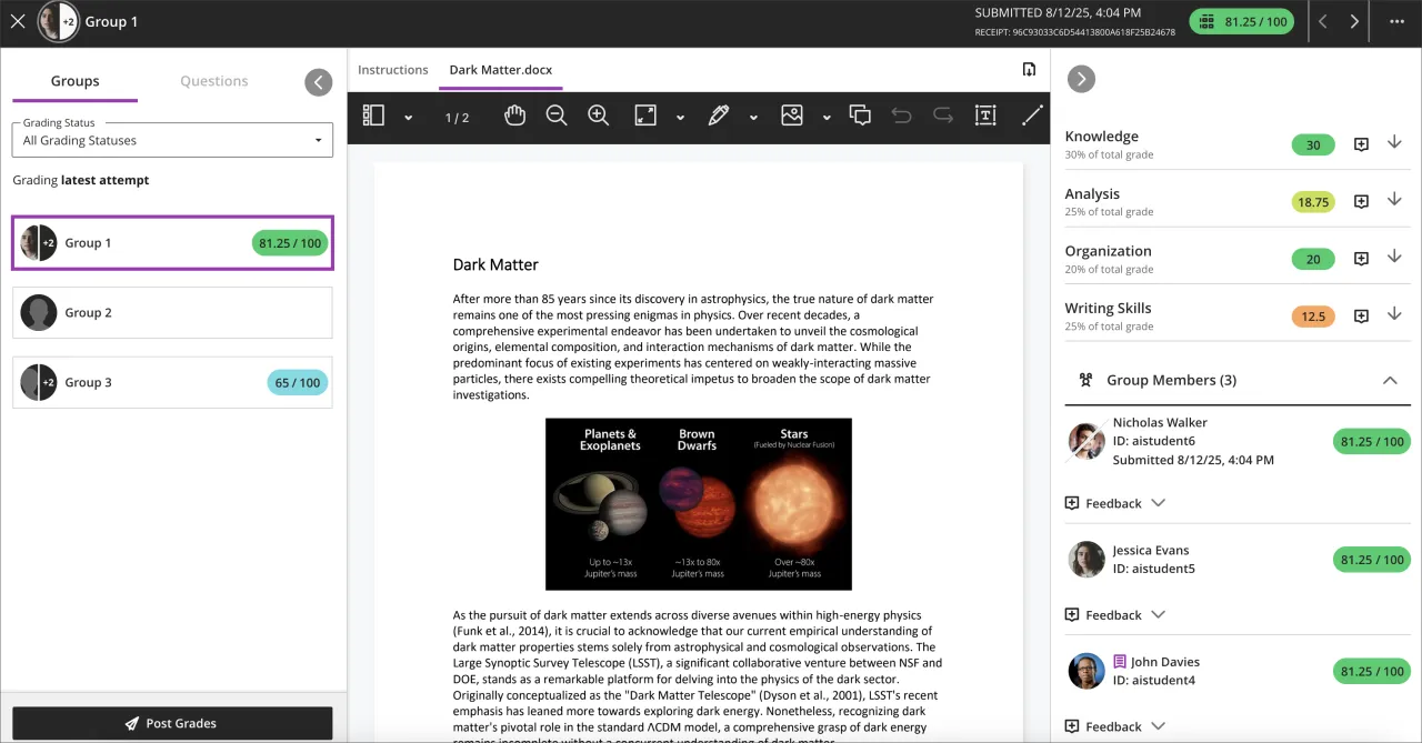 screenshot of the grading platform showing a former group member whith a strike through their avator 