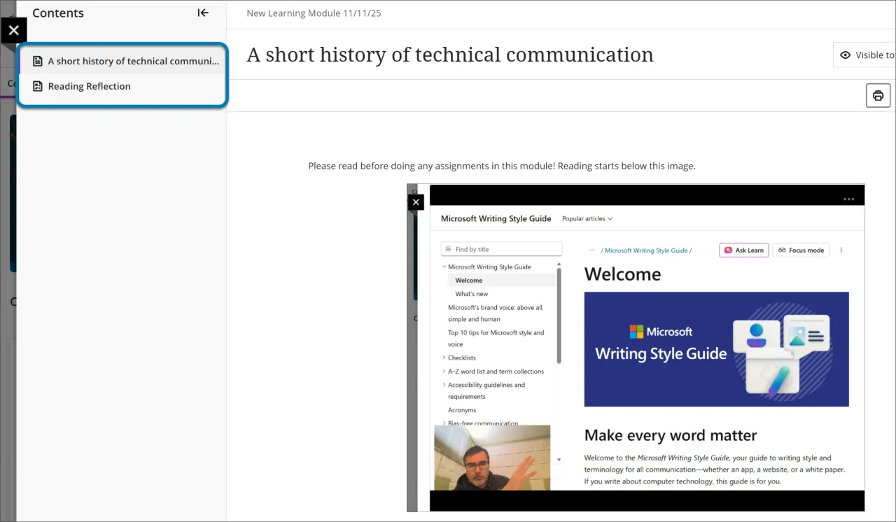 screenshot showing table of contents on left of learning module content