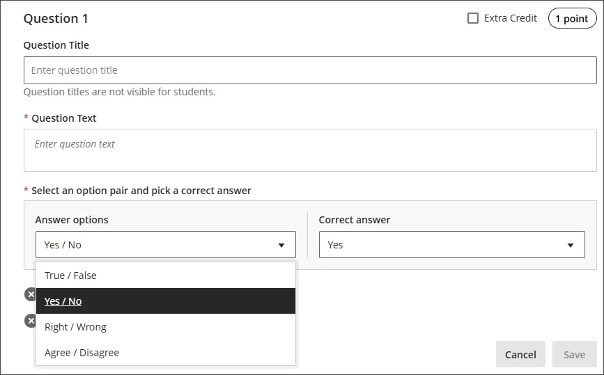 Screenshot showing drop down of four answer options