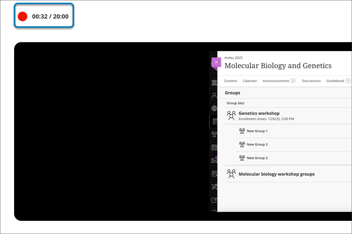 screenshot showing remaining time for recording on top left corner