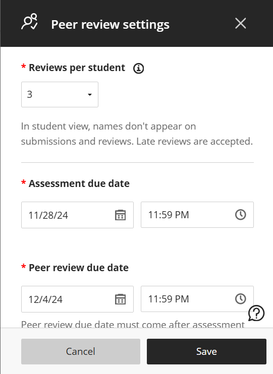 Peer review settings showing reviews per student, assessment due date, and peer review due date
