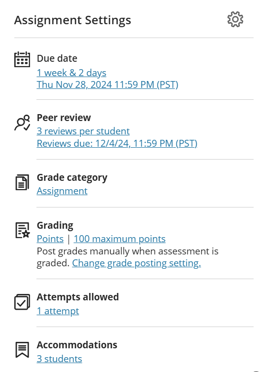 assignment settings showing how many reviews per student, and the dau date for peer reviews