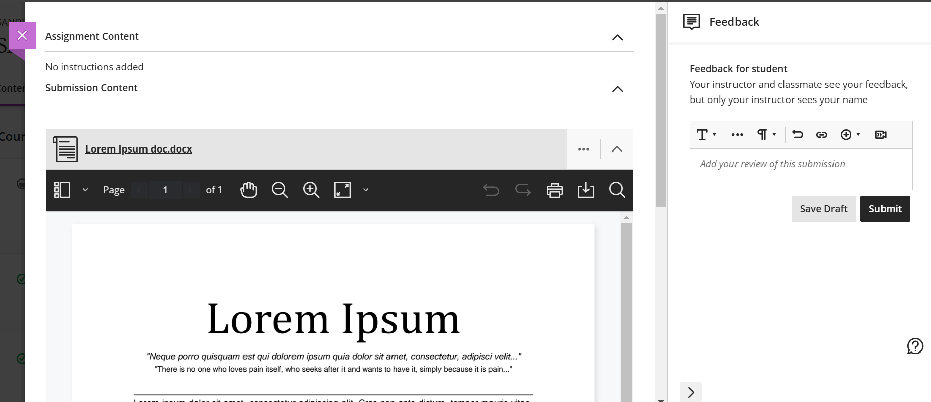 peer review panel with feedback for peer on the right