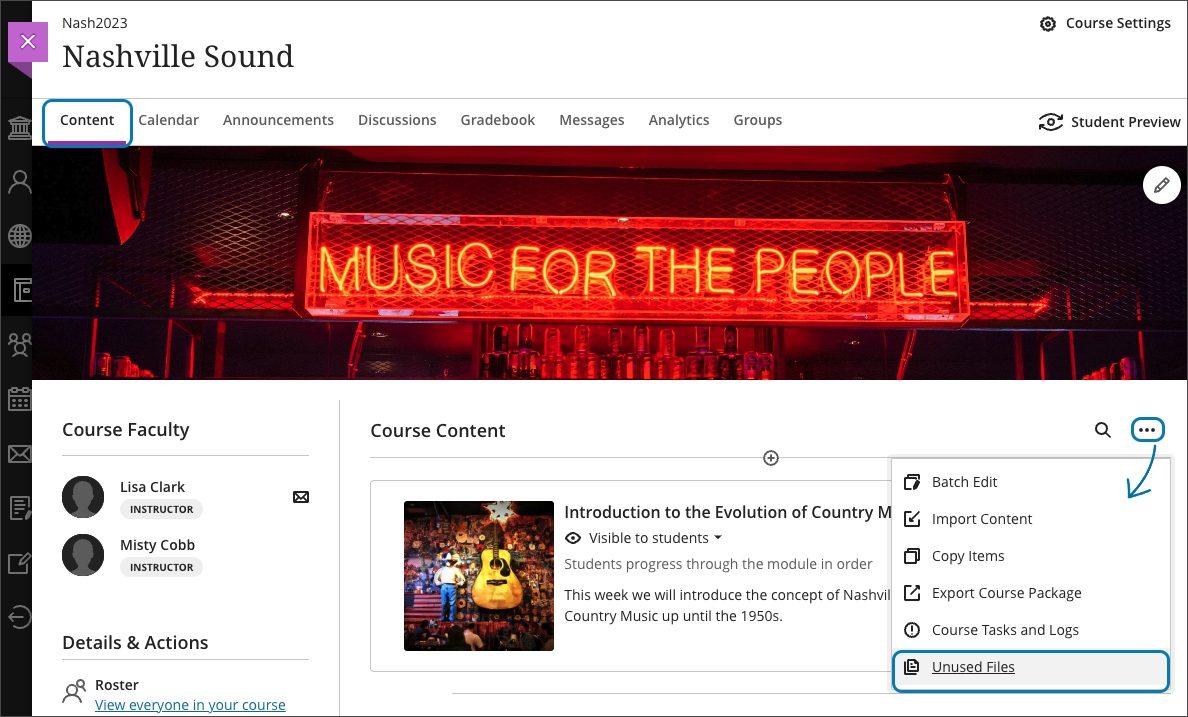screenshot of course showing how to get to the unused files space from the three dots next to the magnifying glass