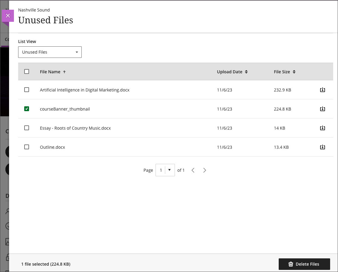 screenshot of unused files panel