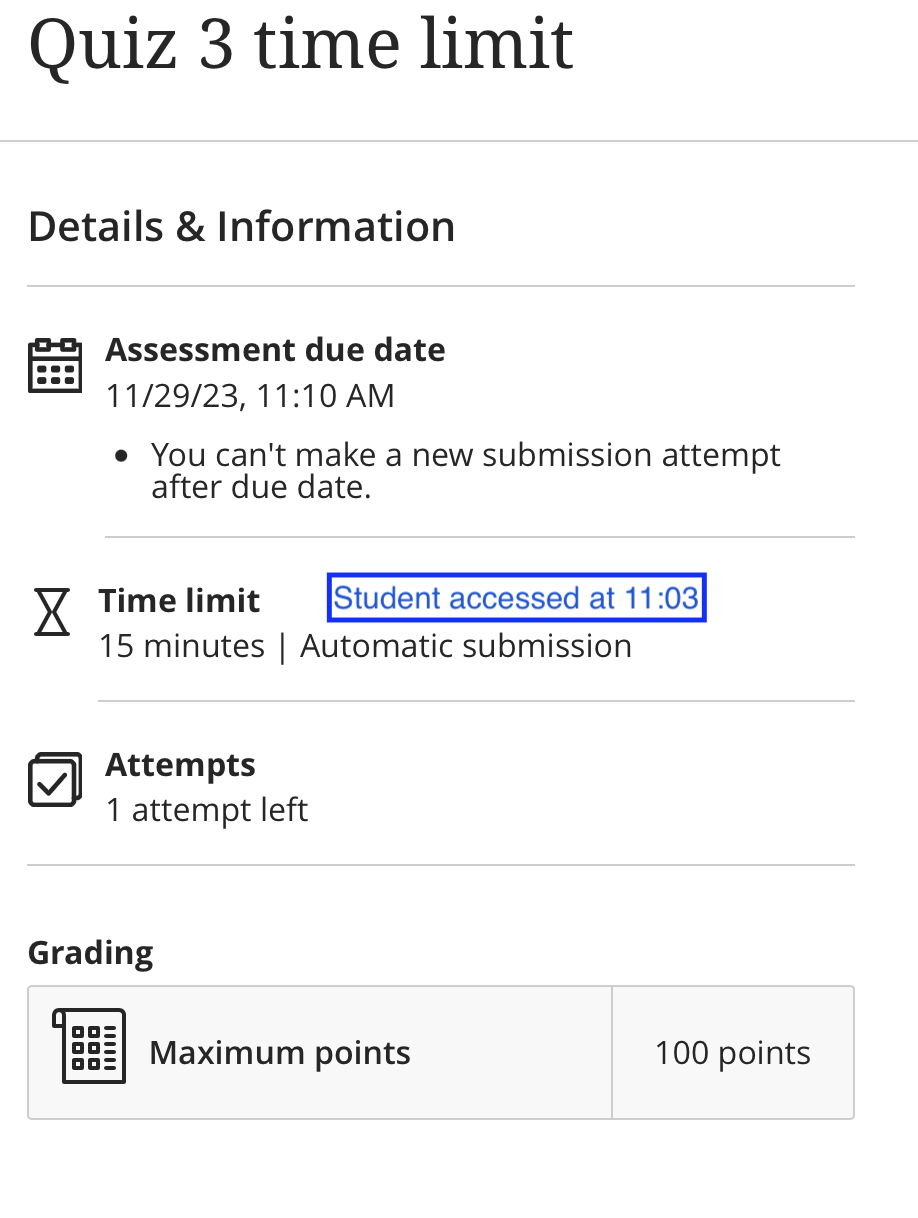 screenhot of the test details for a student with a 50 percent accommodation. Even though they entered the test late, their time limit is 15 minutes