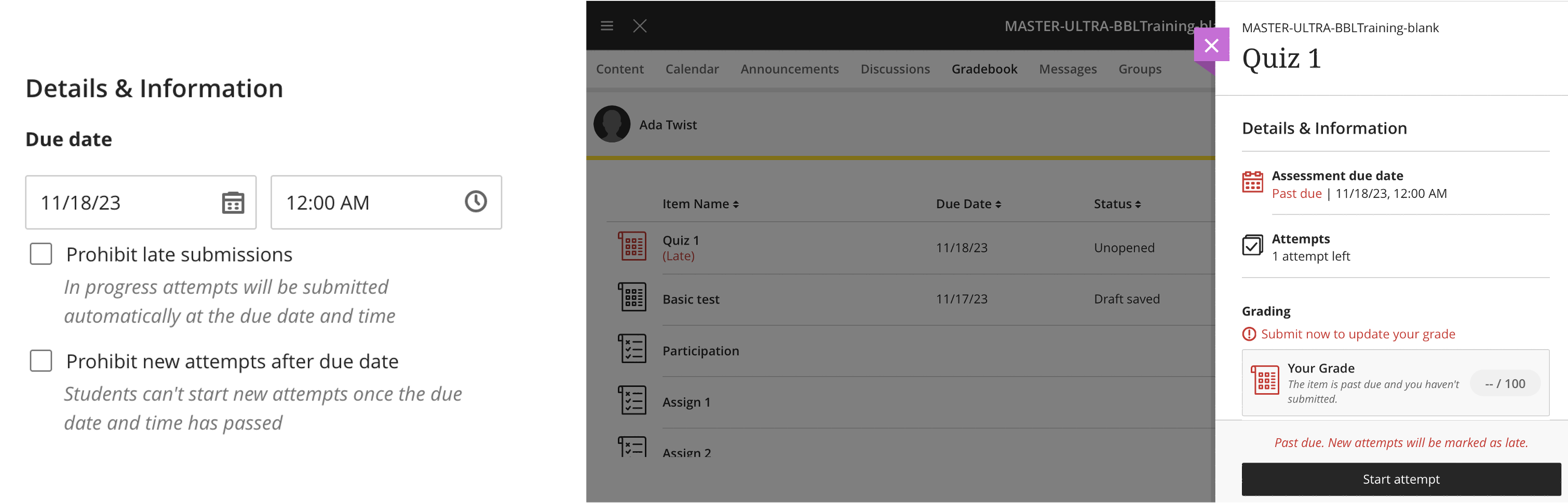screenshot showing due date details with no other selections chosen. If the student is late, the student will get a note that says 'Past due. New attempts will be marked as late'. 