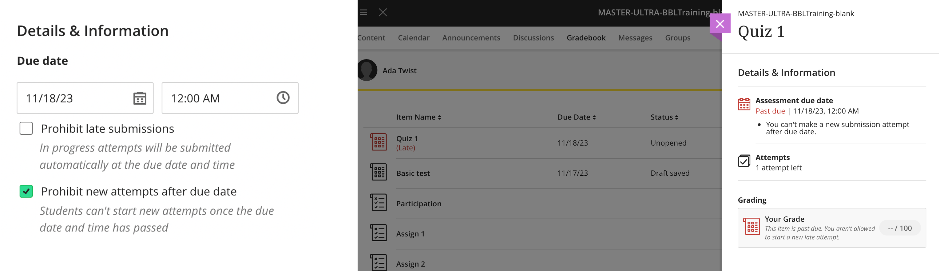 screenshot showing student is blocked from starting new attempt after due date because 'prohibit new attempts after due date' is checked off