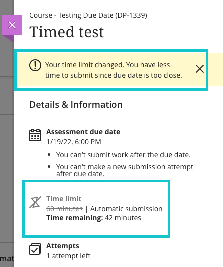 The student doesn't have the full test time. The revised time limit is indicated. 
