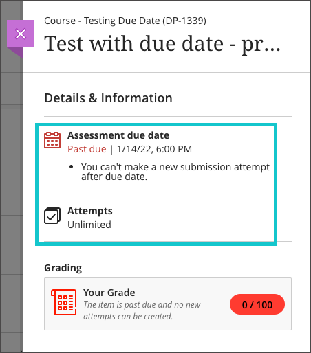 Screenshot indicating that students can't make new submissions after due date.