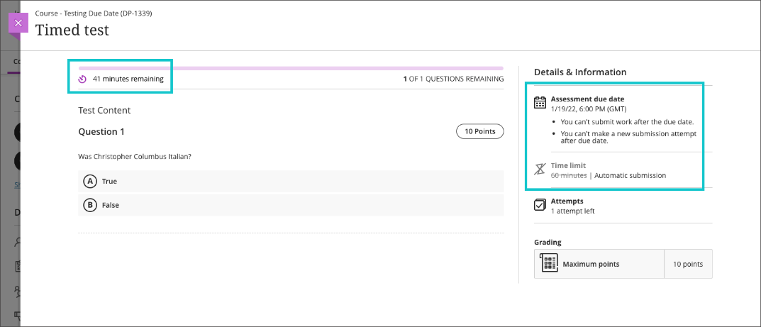 The timer appears at the top of the test. Assessment due date settings, time limit and other settings are on the right of the test content. 