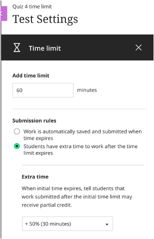 screenshot showing that you can choose to have submissions auto-submitted after the timer runs out or allow extra time with an option to give partial credit. 