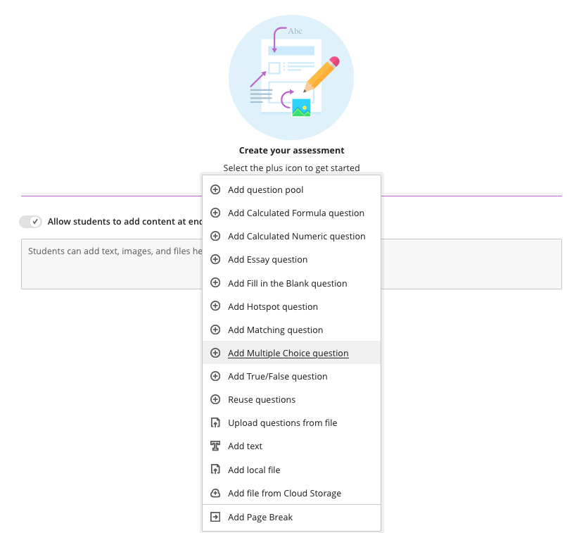 List of question types available to add