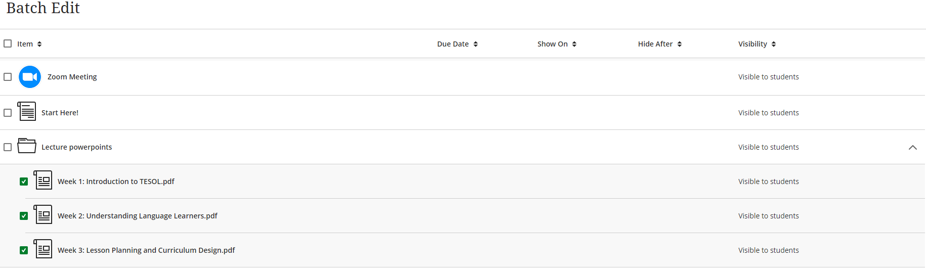 screenshot the Batch Edit panel with items that can be checked off on the left, with columns for due date, show on, hide after, and visibility