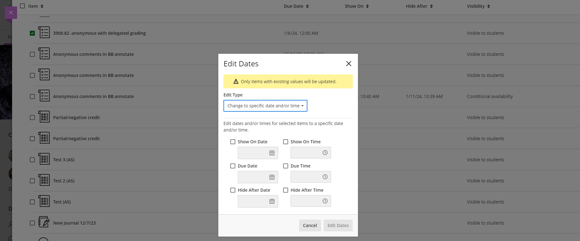 screenshot of the Edit Dates pop-up in Batch Edit