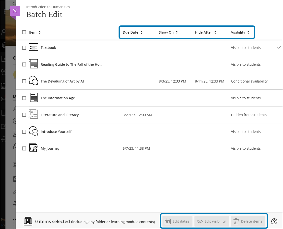 screenshot of options at the bottom of the Batch Edit panel to edit dates, visibility, or delete items