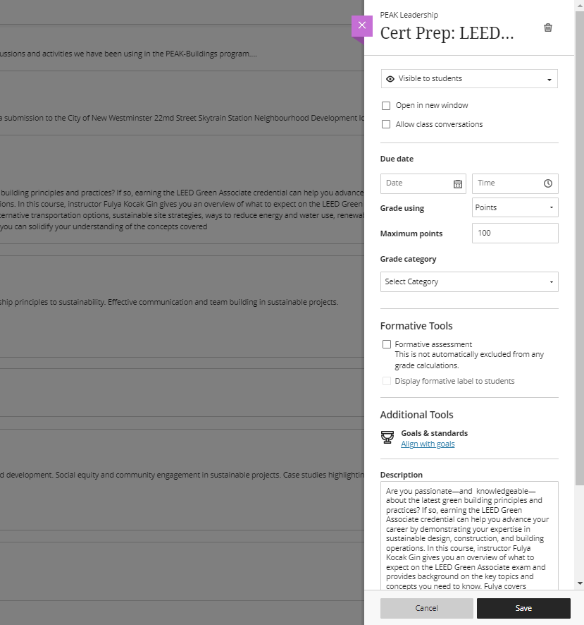 screenshot of a Linkedin Learning assessment gradebook settings in Blackboard