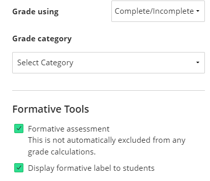 screenshot of the gradebook category and formative label settings