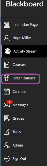 screenshot of the Blackboard base navigation showing (from top to bottom) institution page, user name, activity stream, courses, organizations, calendar, messages, grades, tools, admin, and sign out. 